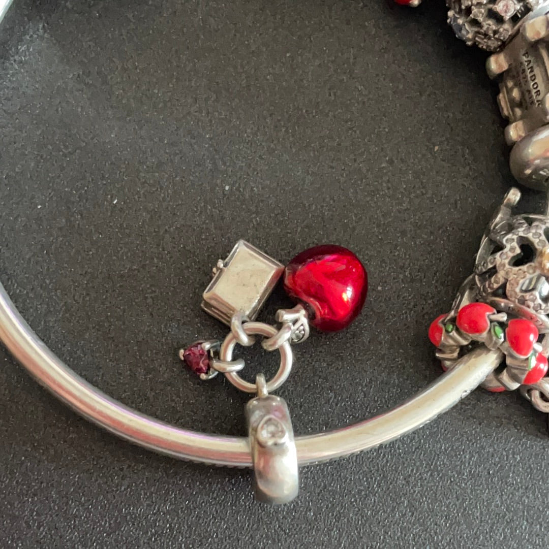 Genuine Pandora Disney Snow White Enamel Apple Coffin CZ Heart Dangle Charm