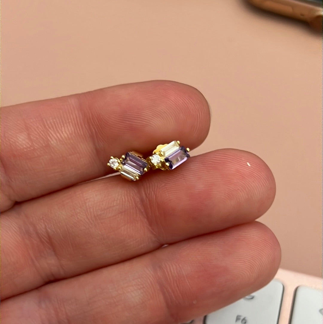 Sterling Silver Gold Plated Earrings Vivid Lilac and Clear Stone Beautiful