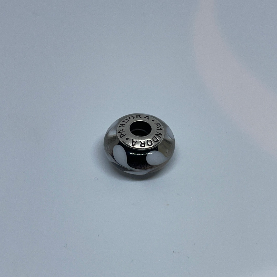 Genuine Pandora Black Murano Glass Charm with White Paint Flick Swirl