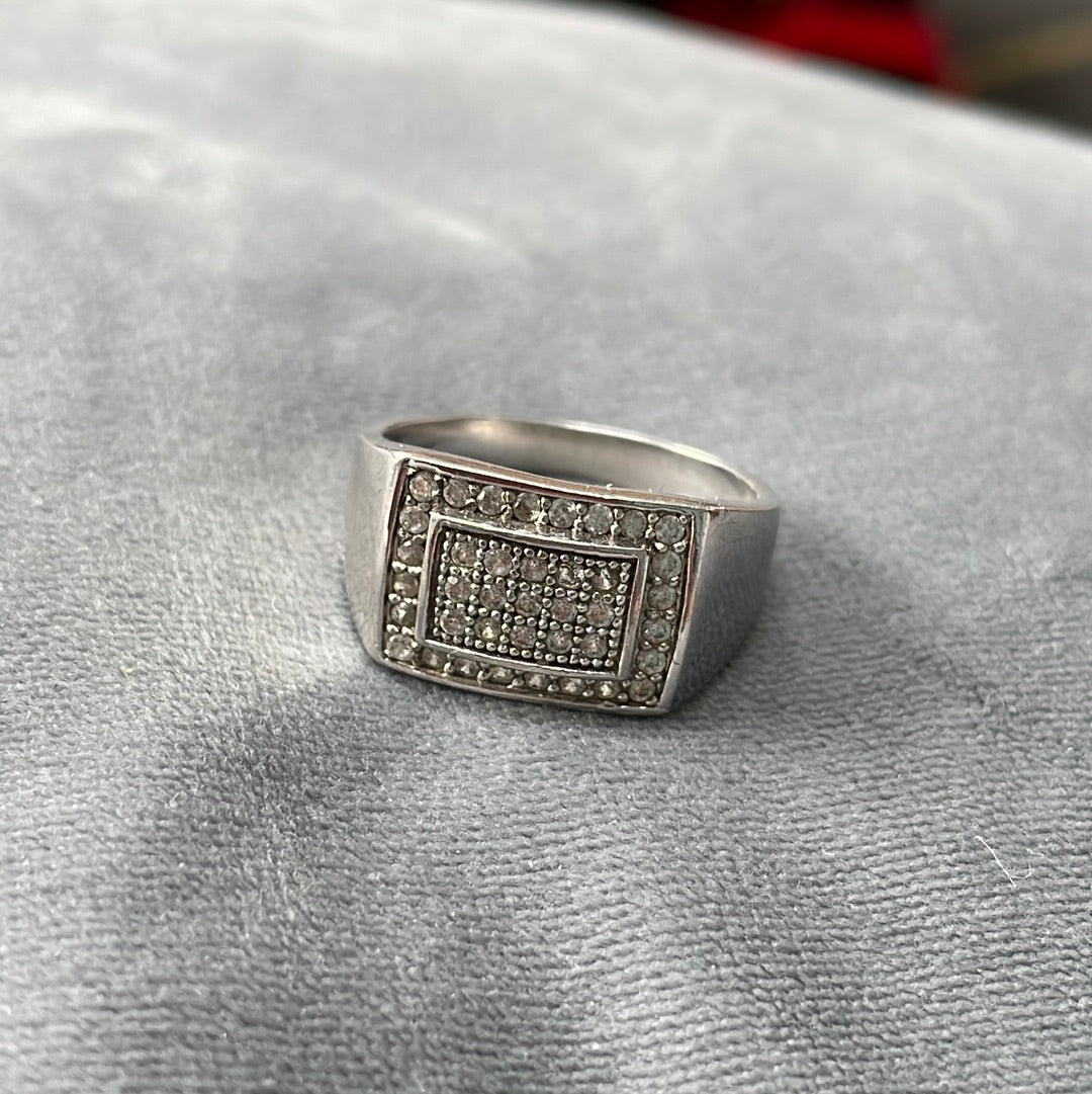 Sterling Silver Pave CZ Rectangle Statement Ring Size 64 Mens