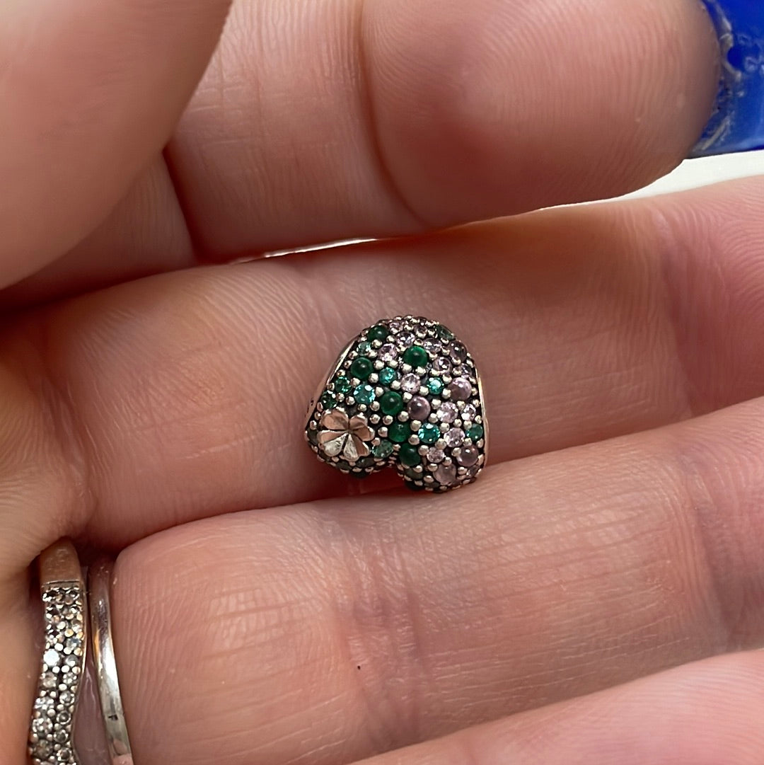 Genuine Pandora Lucky Clover Green and Clear Pave Heart Charm