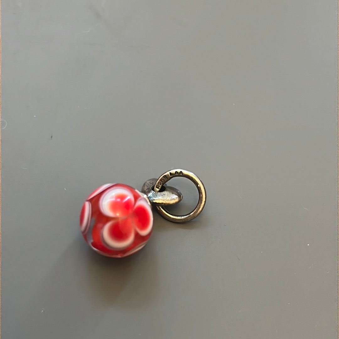 Genuine Trollbeads Hanging Ball Murano Glass Red White Flower Charm