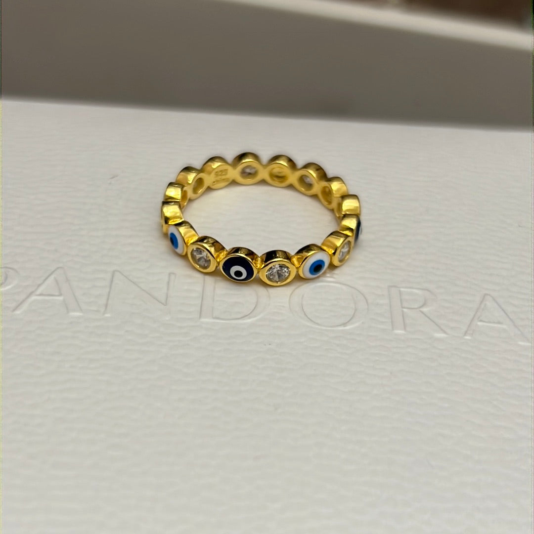 Sterling Silver Gold Plated Enamel and CZ Lucky Evil Eye Ring Ring Size 58