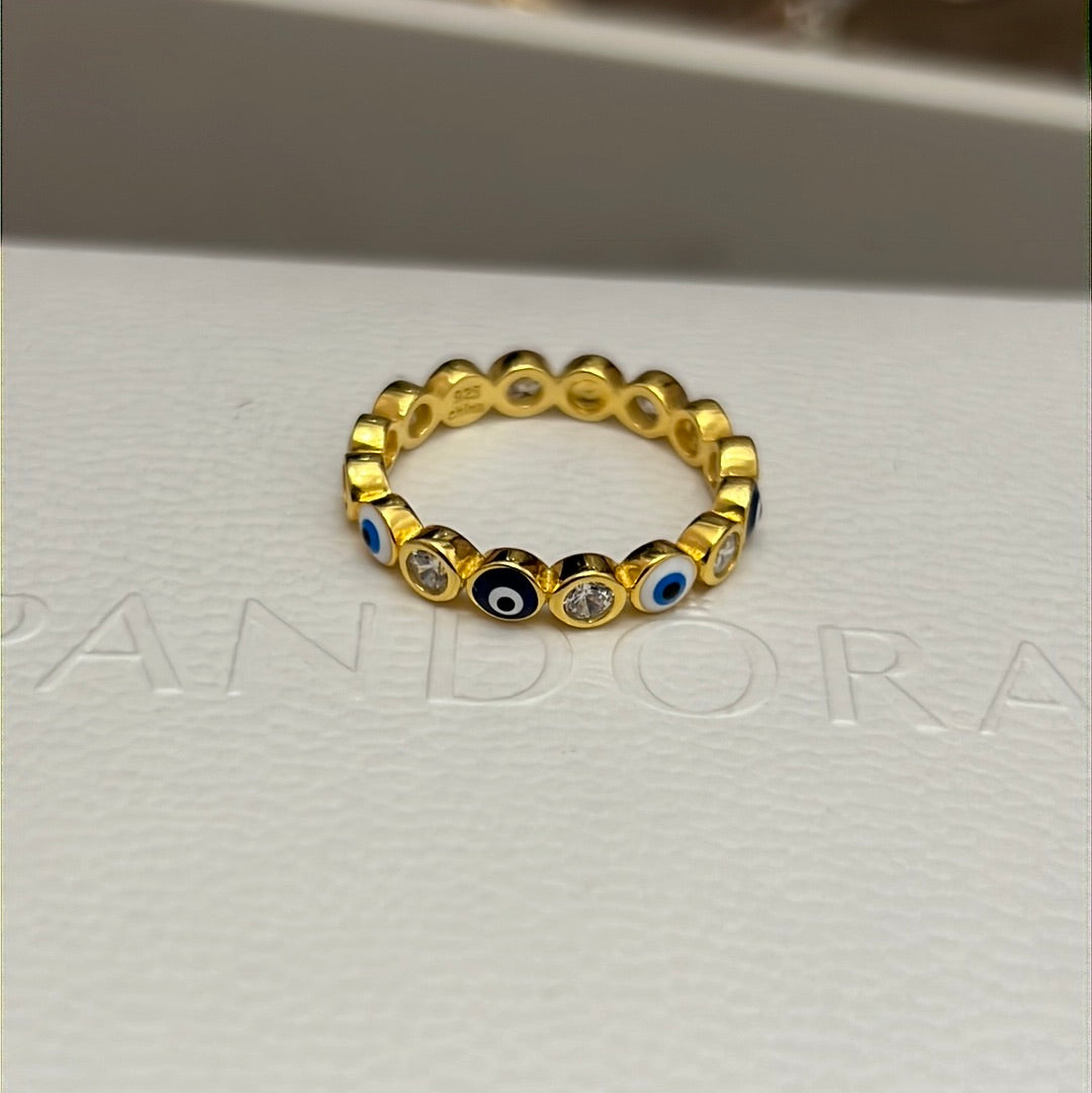 Sterling Silver Gold Plated Enamel and CZ Lucky Evil Eye Ring Ring Size 58