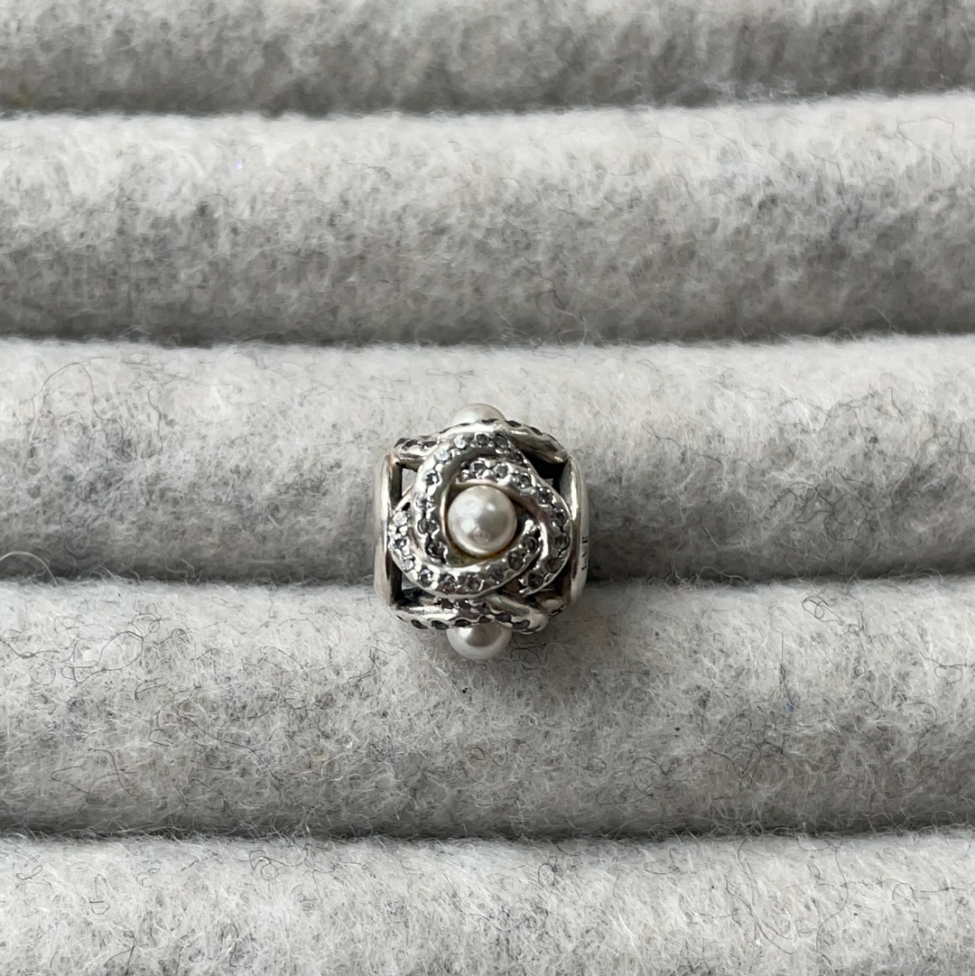 Genuine Pandora Pearl Pave Flower Charm with Pave Petals
