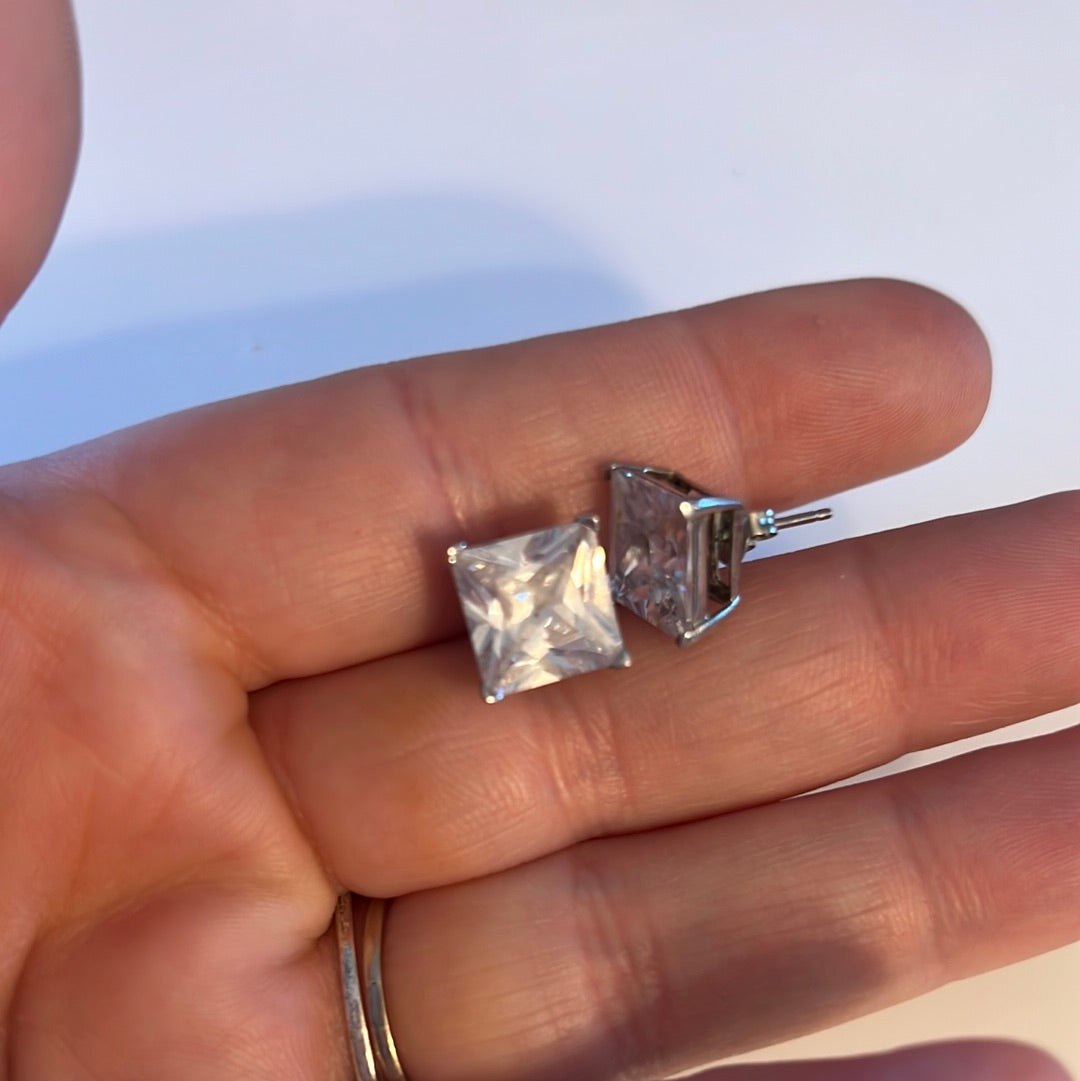 Silver Plated CZ Square Large Stud Earrings