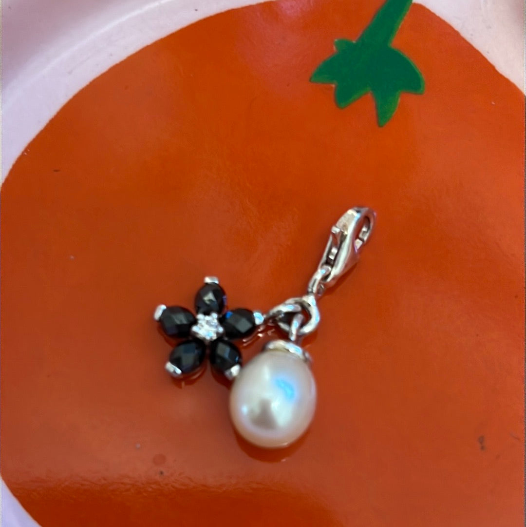 Genuine Thomas Sabo Sterling Silver Dangle Black Flower Glass and Pearl  Charm