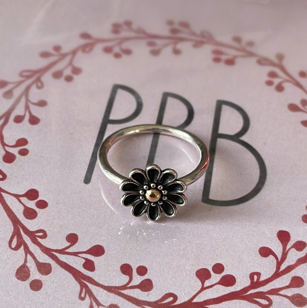 Genuine Pandora Two Tone Gerbera Flower Oxidised Ring RARE HTF 54