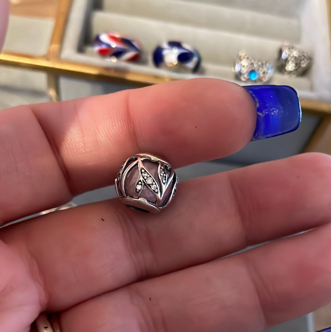 Genuine Pandora Pink Faceted Murano Encased in Nature Leaf Pave Leaves Glass Silver Charm