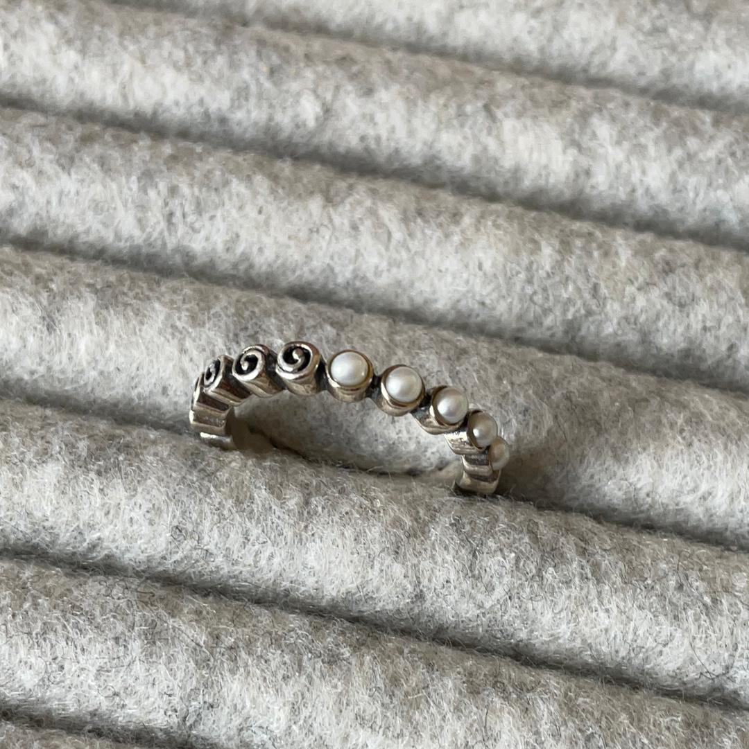 Genuine Pandora Half Pearl and Half Spiral Ring RARE HTF Size 54