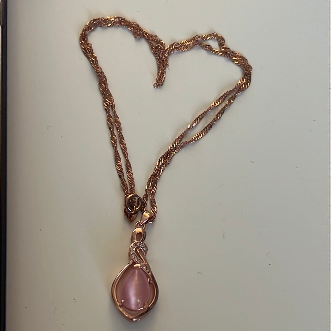 Brand New Unbranded Rose Gold Pave CZ Teardrop Pink Stone Necklace 45cm