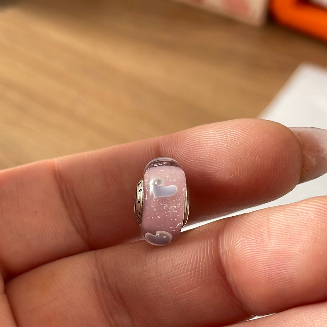 Genuine Pandora Pink Murano With Sparkle and Lilac hearts Charm