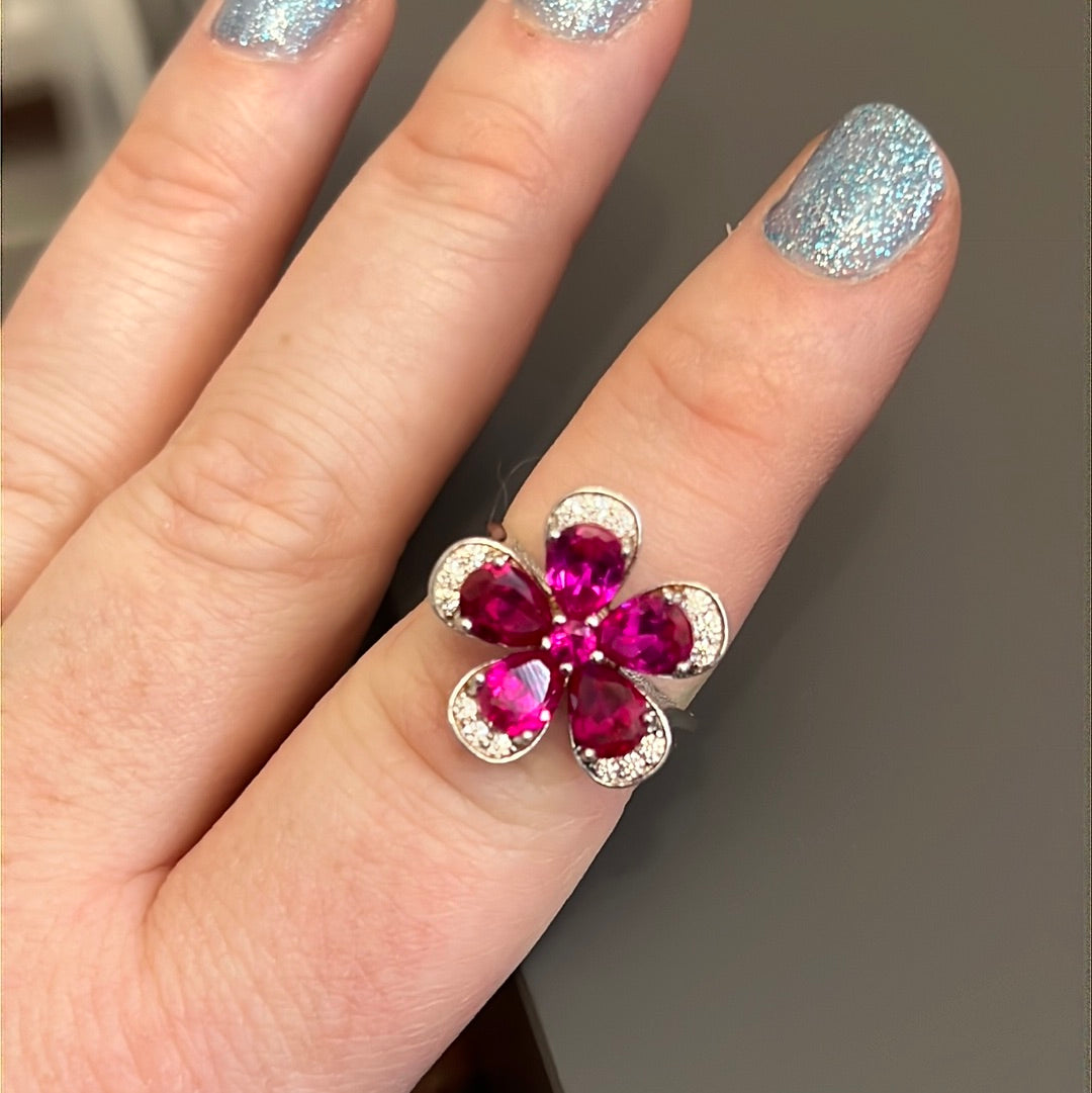 Sterling Silver Pave Clear & Pink Flower Ring Size 52