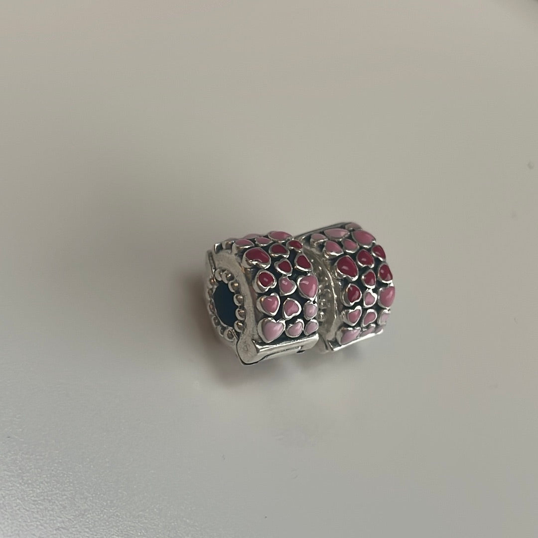 Genuine Pandora Light Pink and Red Enamel Hearts Clips x1
