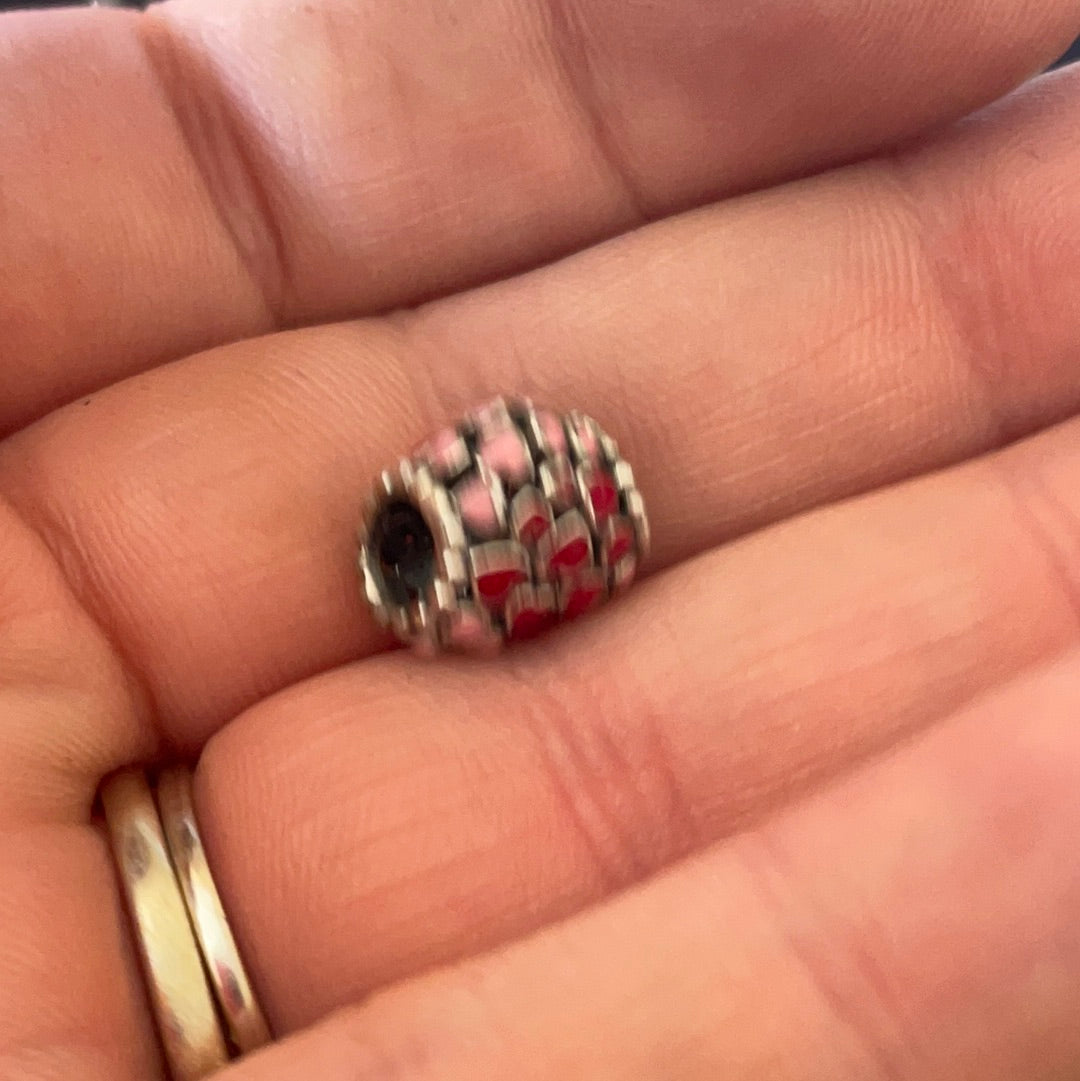 Genuine Pandora Light Pink and Red Enamel Hearts on an Openwork Heart Charm