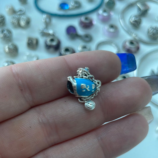 Genuine Pandora Disney Alice in Wonderland Blue Enamel Teapot Tea Party Rabbit Watch Dangle Charm