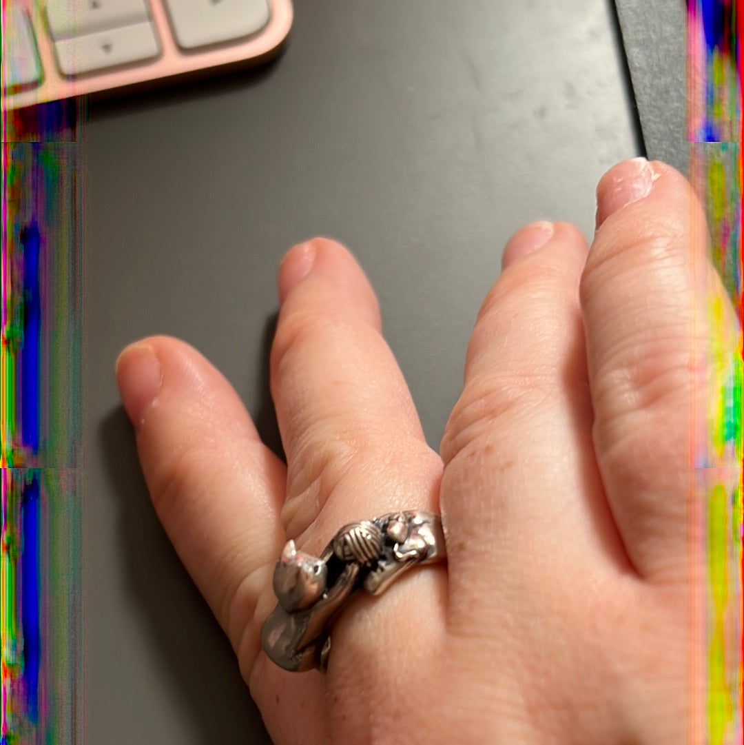 Genuine Keikobee Handmade Solid Silver Playful Cat Ring Size 58