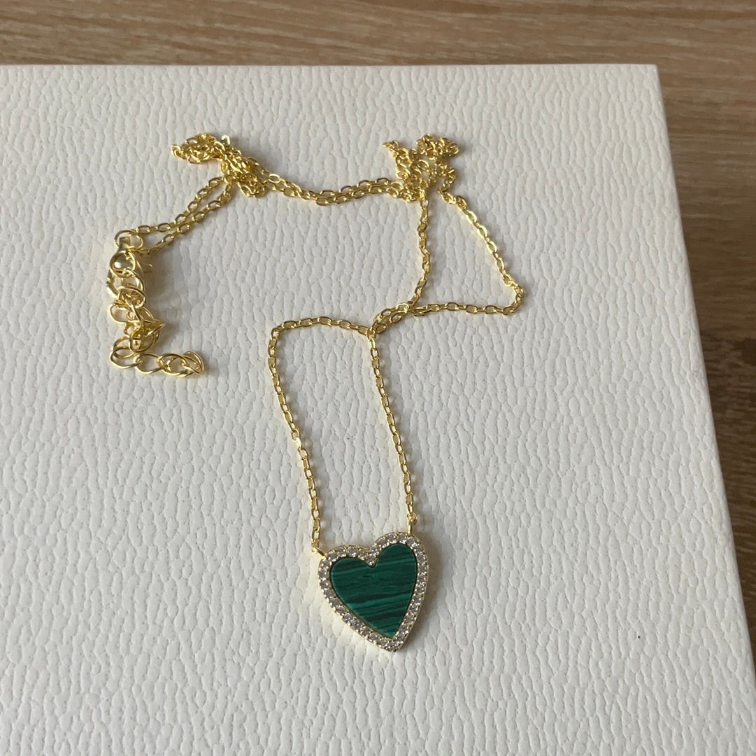 Brand New Pave & Green Stone Heart Sterling Silver Gold Plated Necklace 50cm