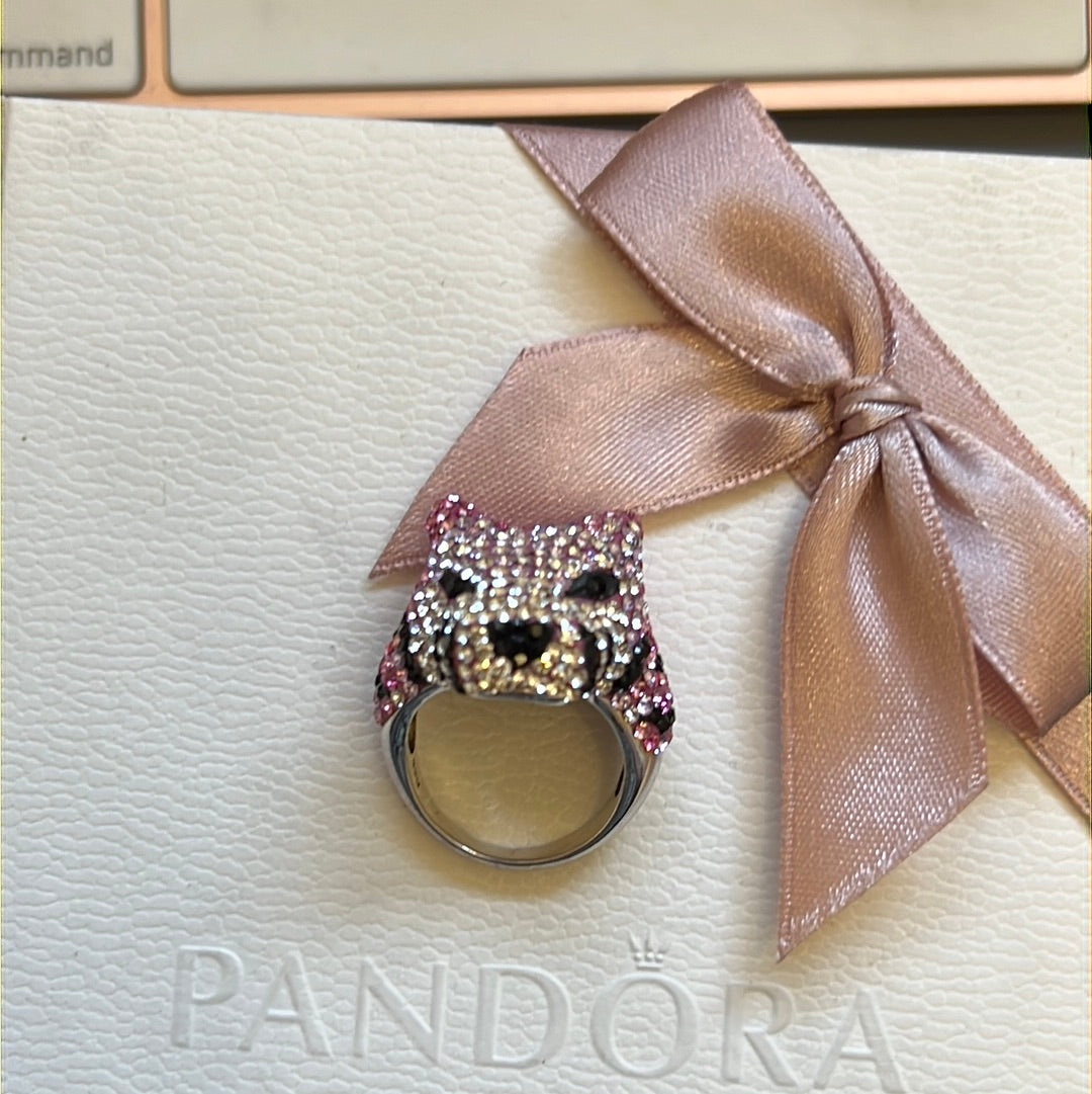 Sterling Silver Pink and Clear Pave Leopard Tiger Head Ring 52
