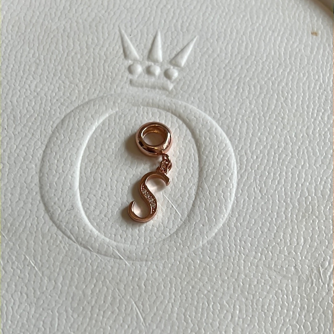 sterling Silver Rose Gold Plated Pave Dangle Letter S Charm