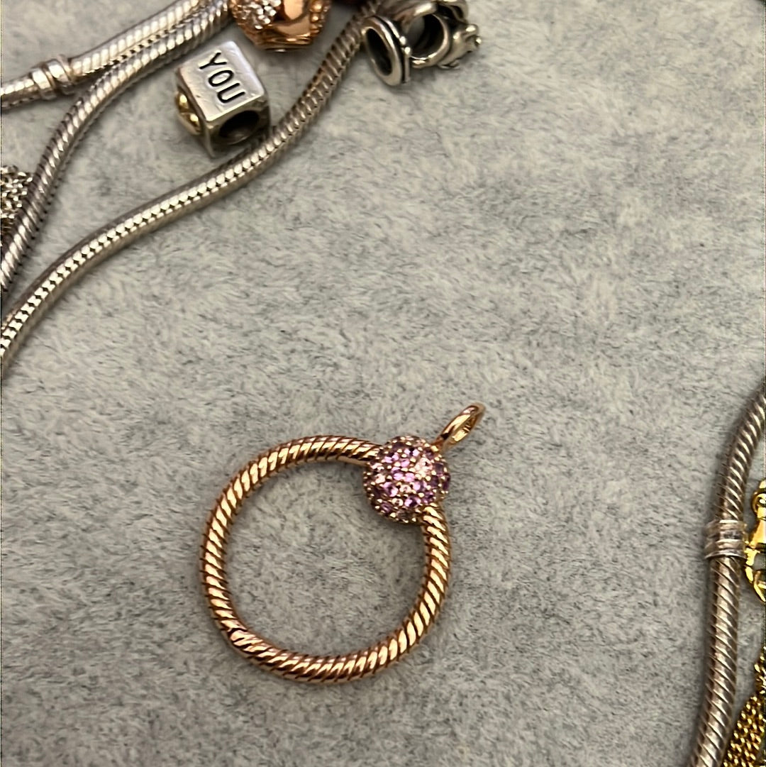 Genuine Pandora Rose Gold Pink Pave  Small Ring Pendant Necklace Charm