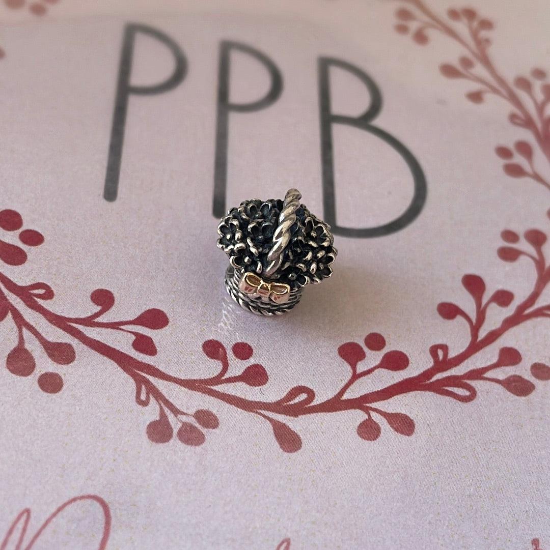 Genuine Pandora RARE Basket of Flowers With Gold Bow