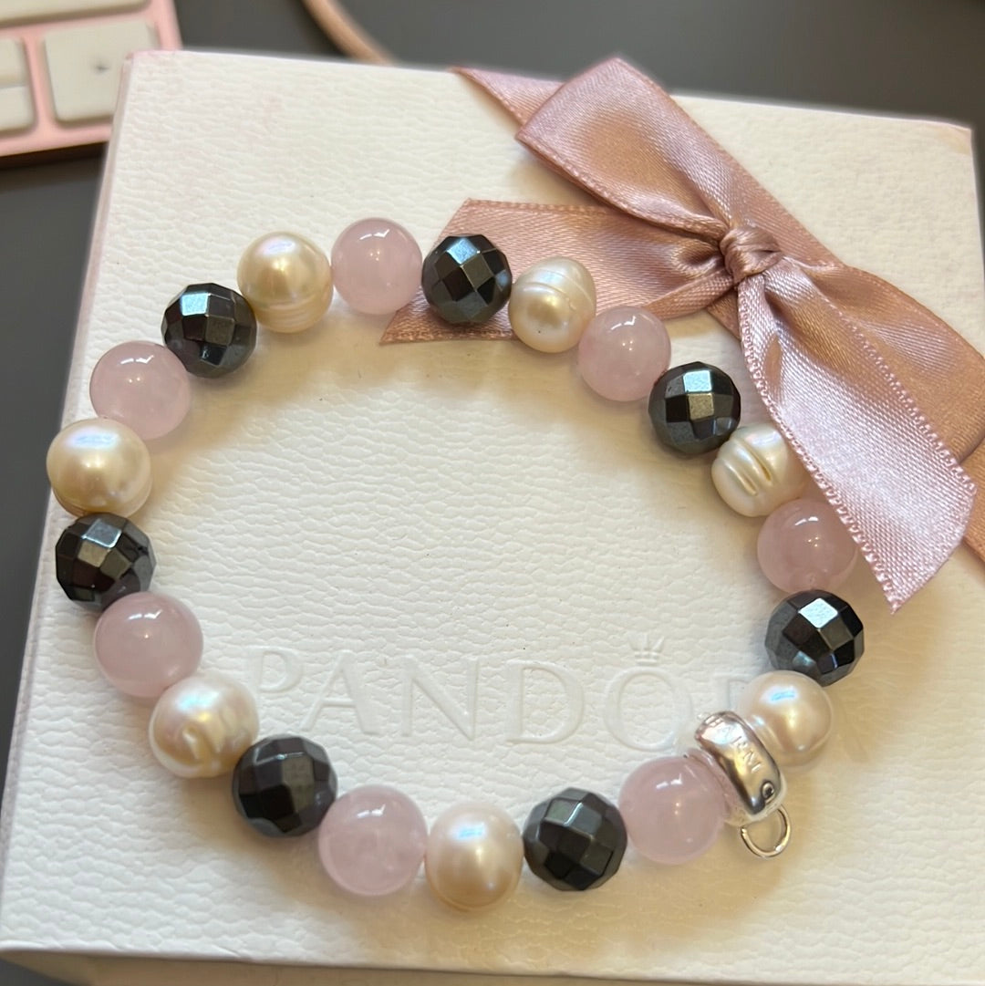 Thomas Sabo Sterling Silver Club White Pearl, Grey Hematite and Pink Dumortiertite Bracelet Medium