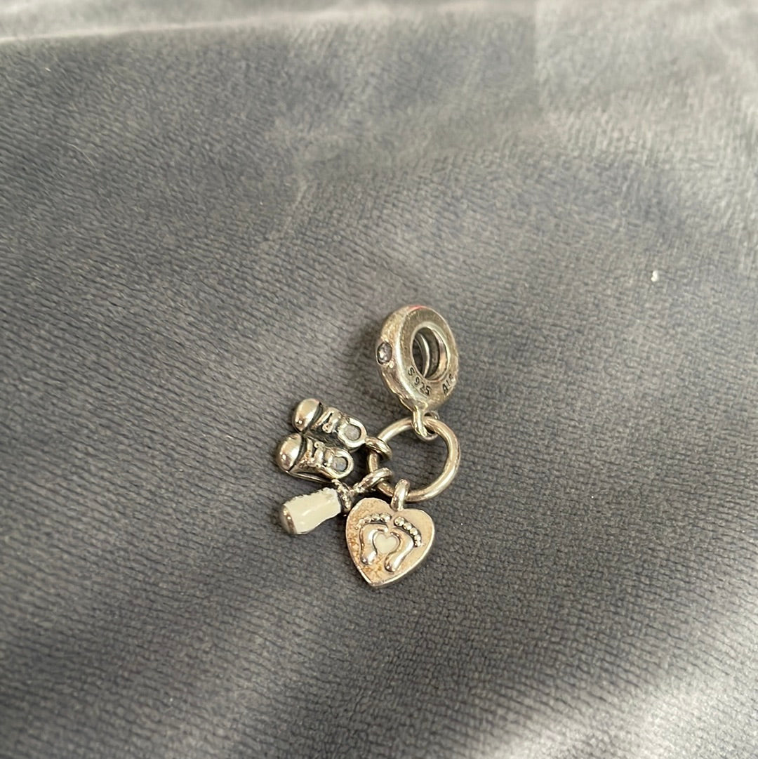 Genuine Pandora Baby Bottle, Booties and Heart Dangle with Pave Holder