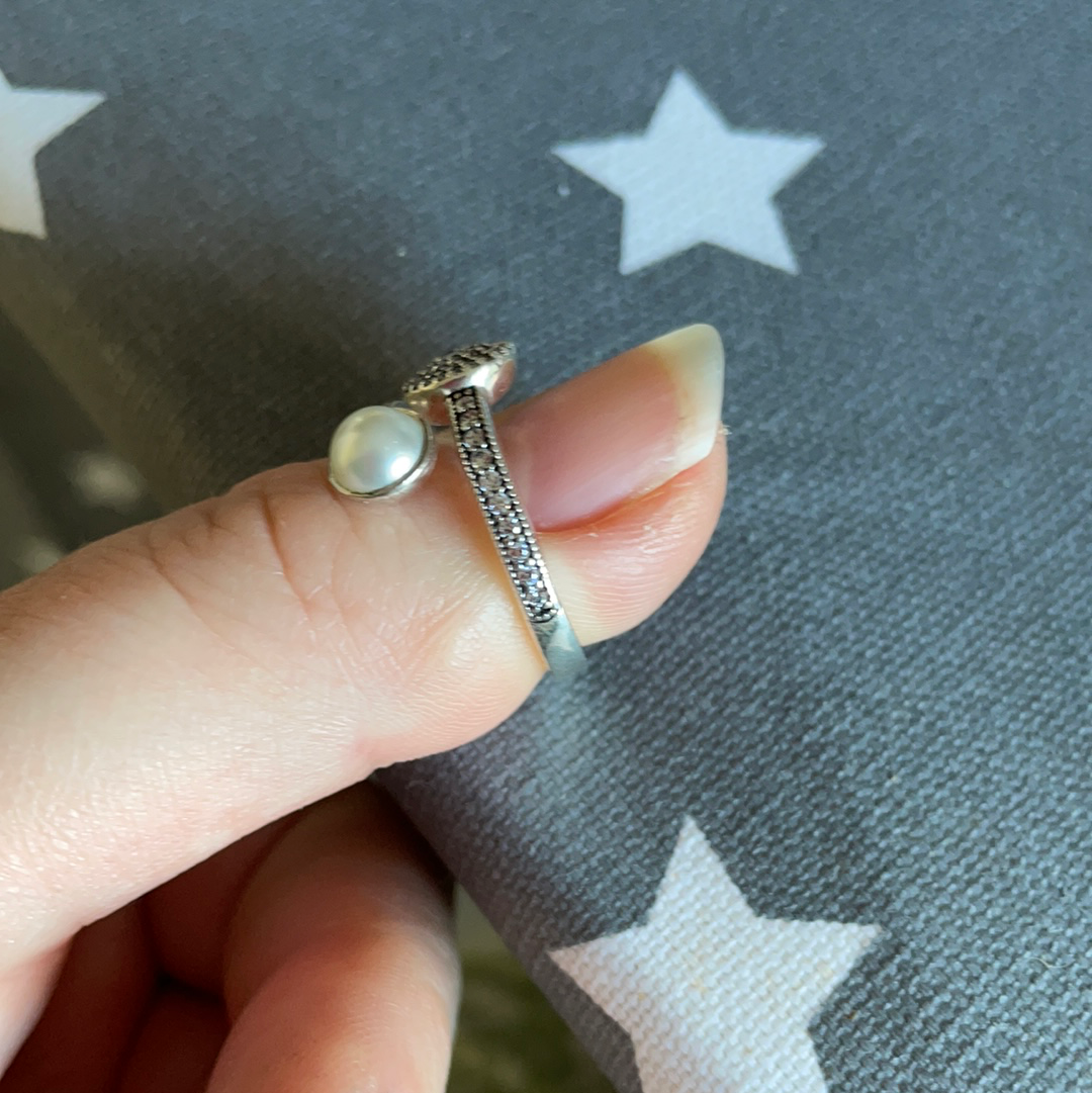 Genuine Pandora Pave Clear Stone Crossover Ring With Pearl Size 56