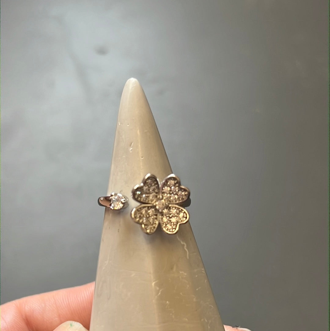 Beautiful Adjustable Anxiety Spinning Ring - Large Clear Open Pave 4 Heart Petal Flower