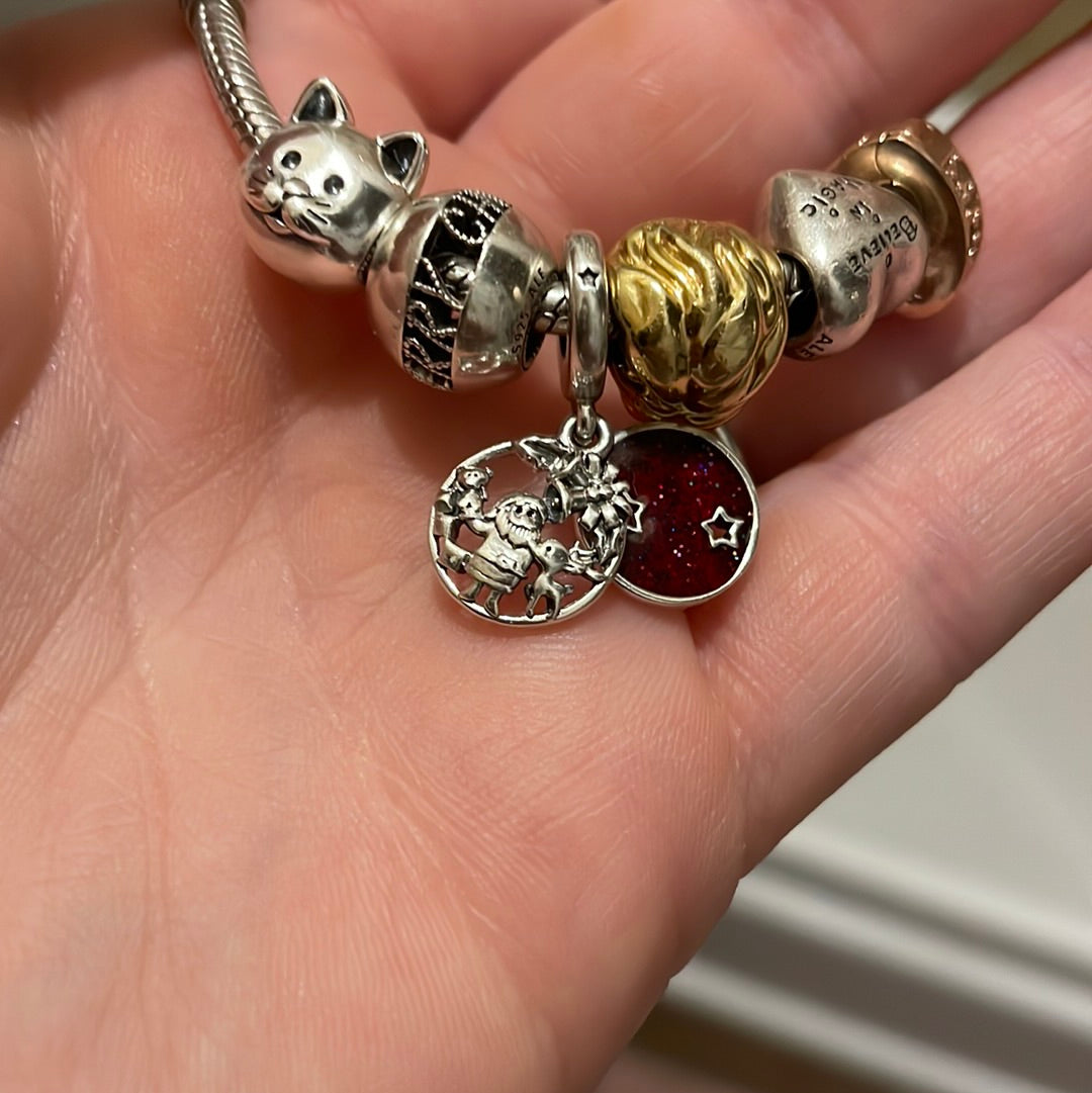 Genuine Pandora Santa and Rudolph Merry Christmas Scene with Enamel Background Dangle