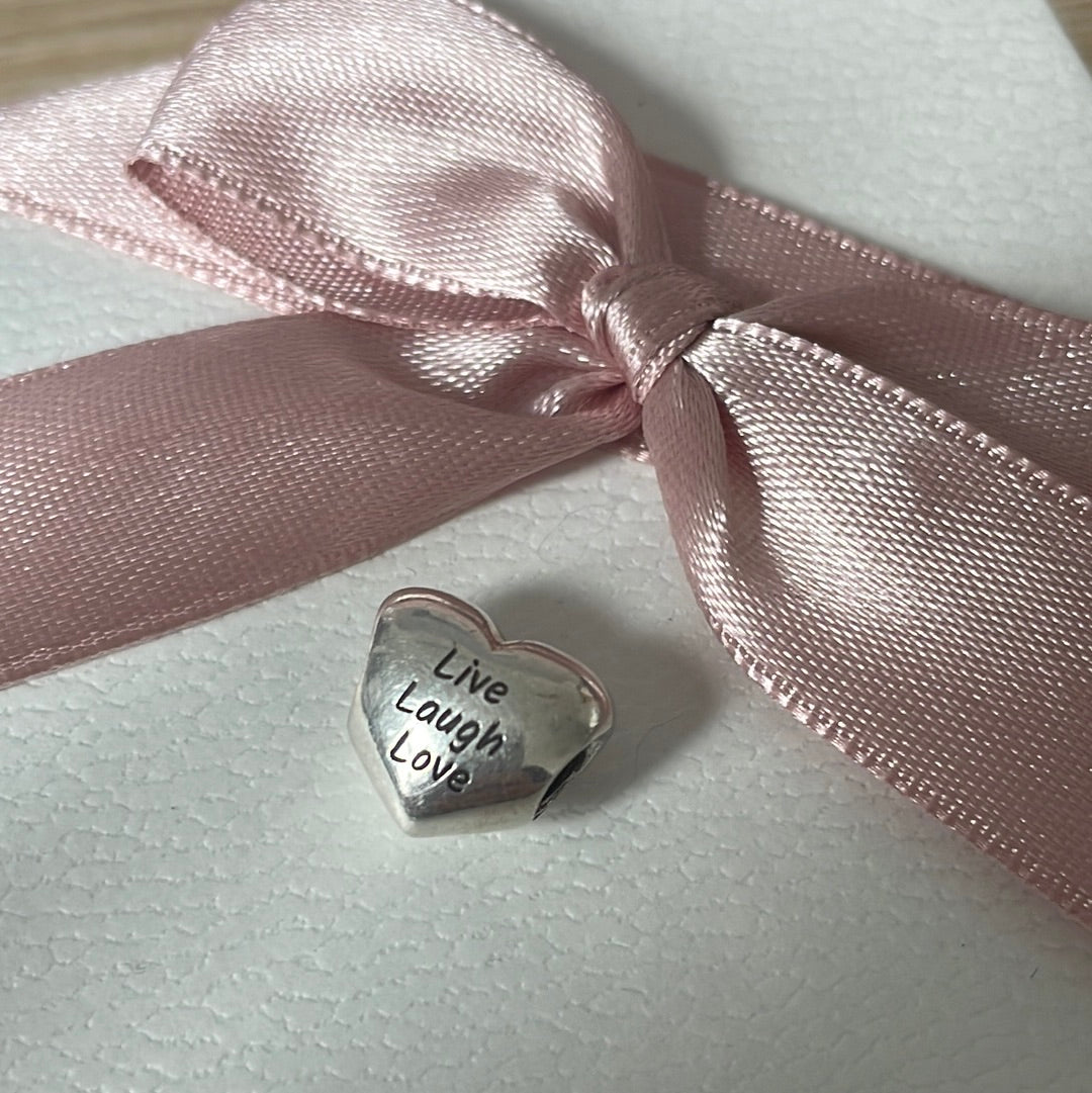 Genuine Pandora Silver Puffed Heart Charm With 'Live, Laugh, Love’ Wording
