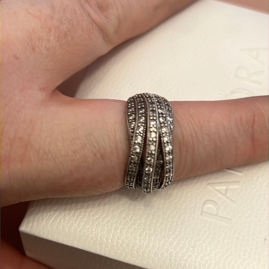 Sterling Silver Huge Clear CZ Pave Crossed Line Ring Size 58