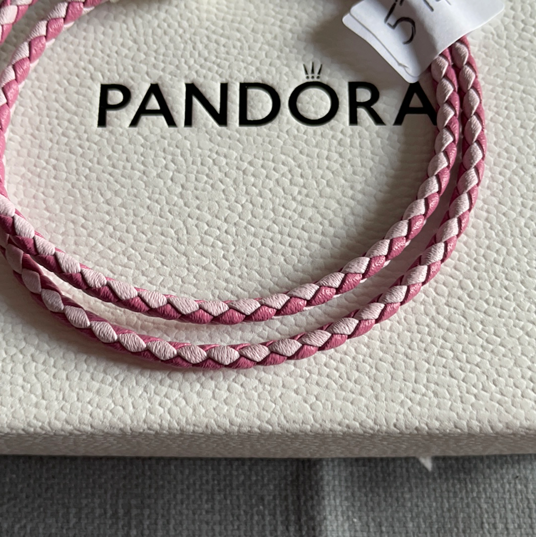 Genuine Pandora Double Wrap Leather New Style Clasp Pink and Light Pink Weave