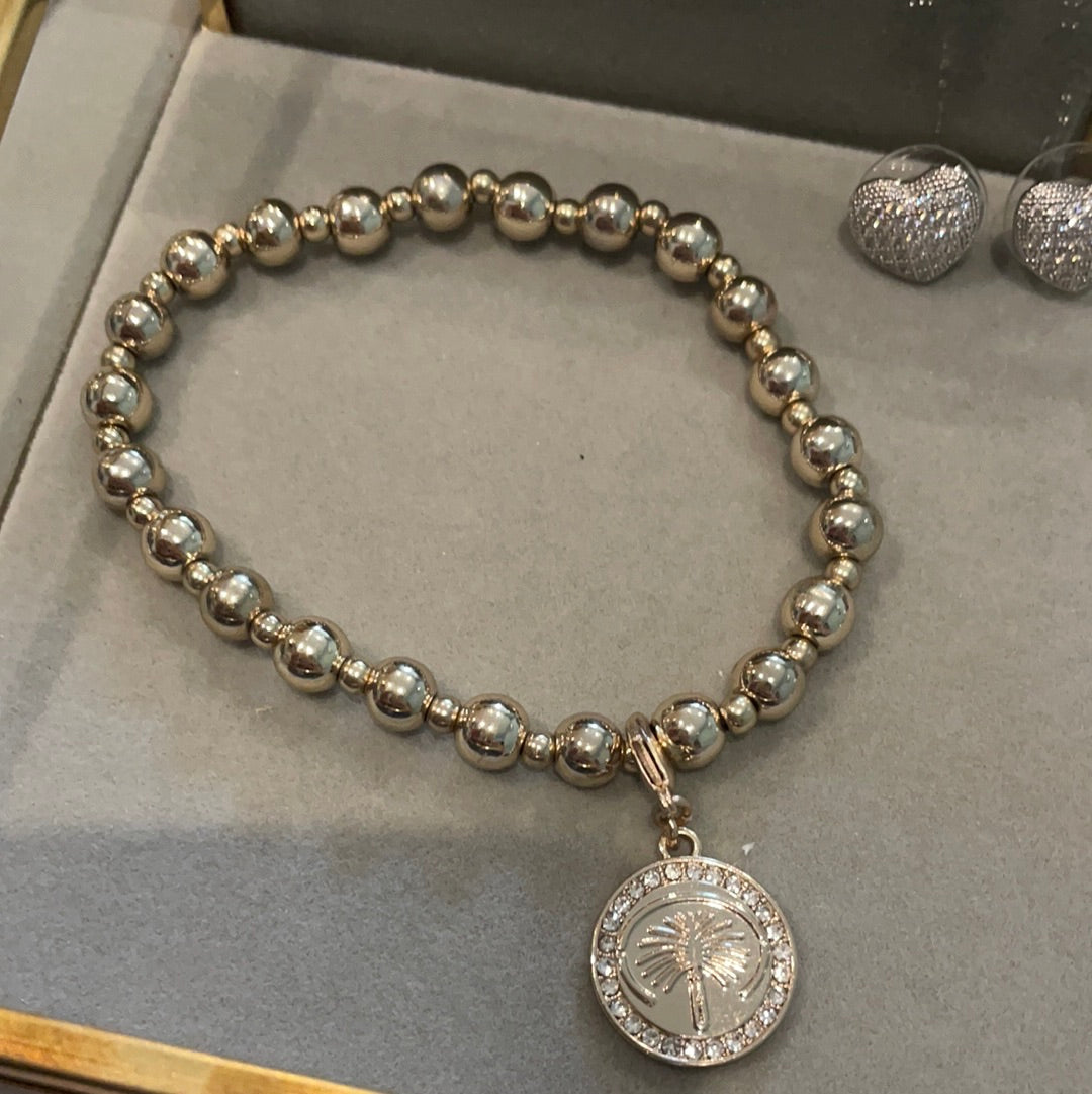 Brand New Sterling Silver Buckley of London Rose Gold Plated Beaded Bracelet With Palm tree Pave Charm Clip