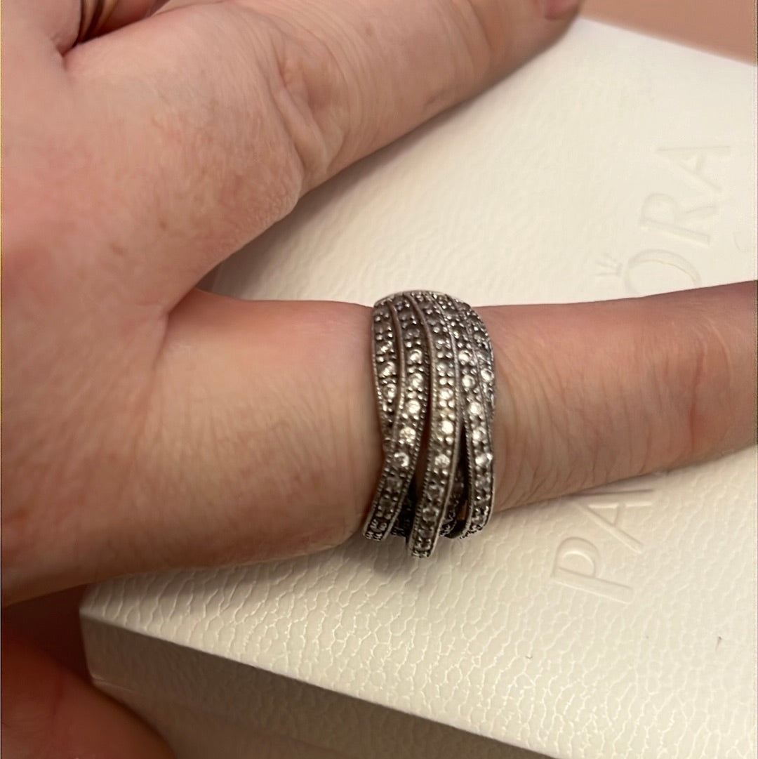 Sterling Silver Huge Clear CZ Pave Crossed Line Ring Size 58