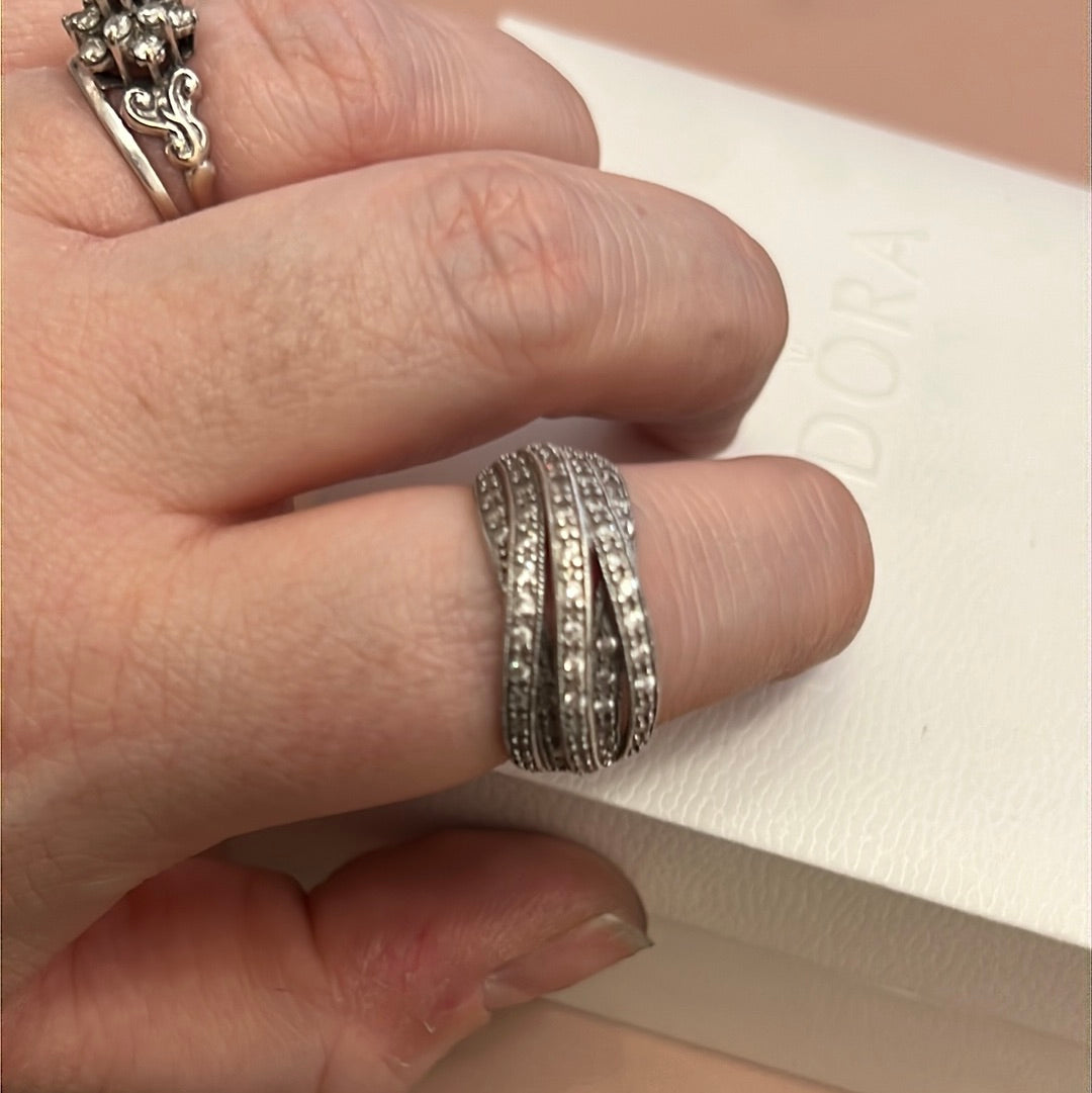 Sterling Silver Huge Clear CZ Pave Crossed Line Ring Size 58