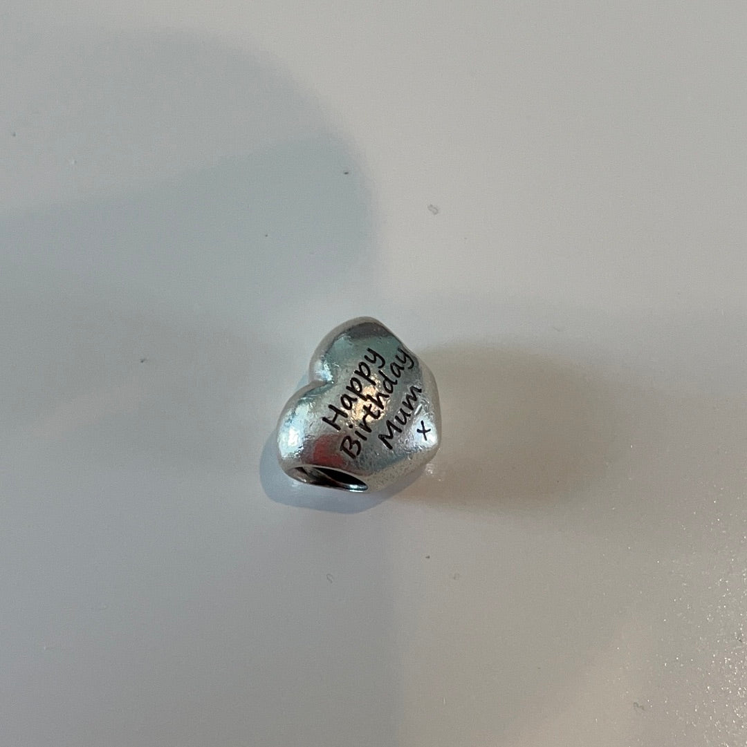 Genuine Pandora Puffed Heart Charm Inscribed 'Happy Birthday Mum'