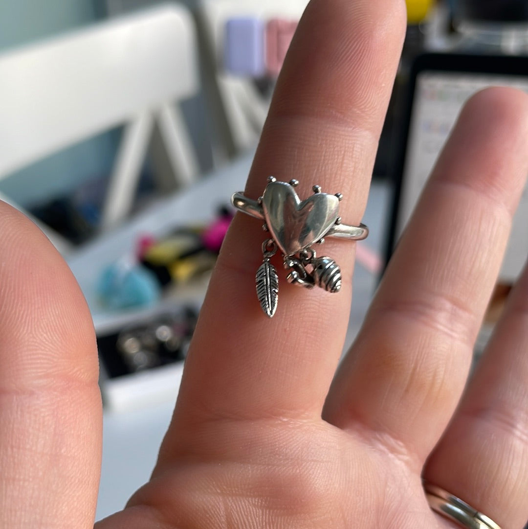 Genuine Pandora Heart Dangle Ring Anchor, feather and shell 56