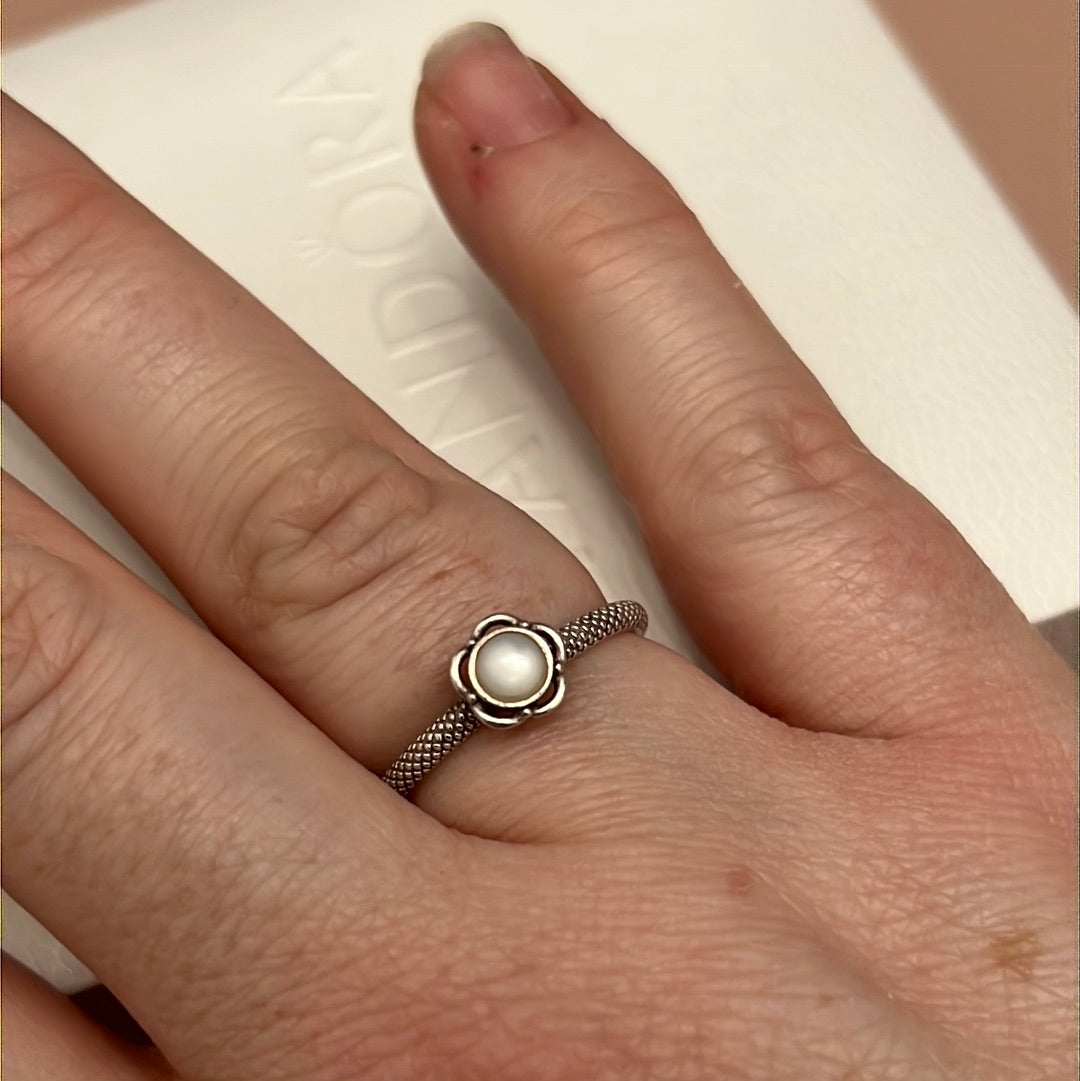 Sterling Silver Textured Ring With Moonstone Flower Ring 56