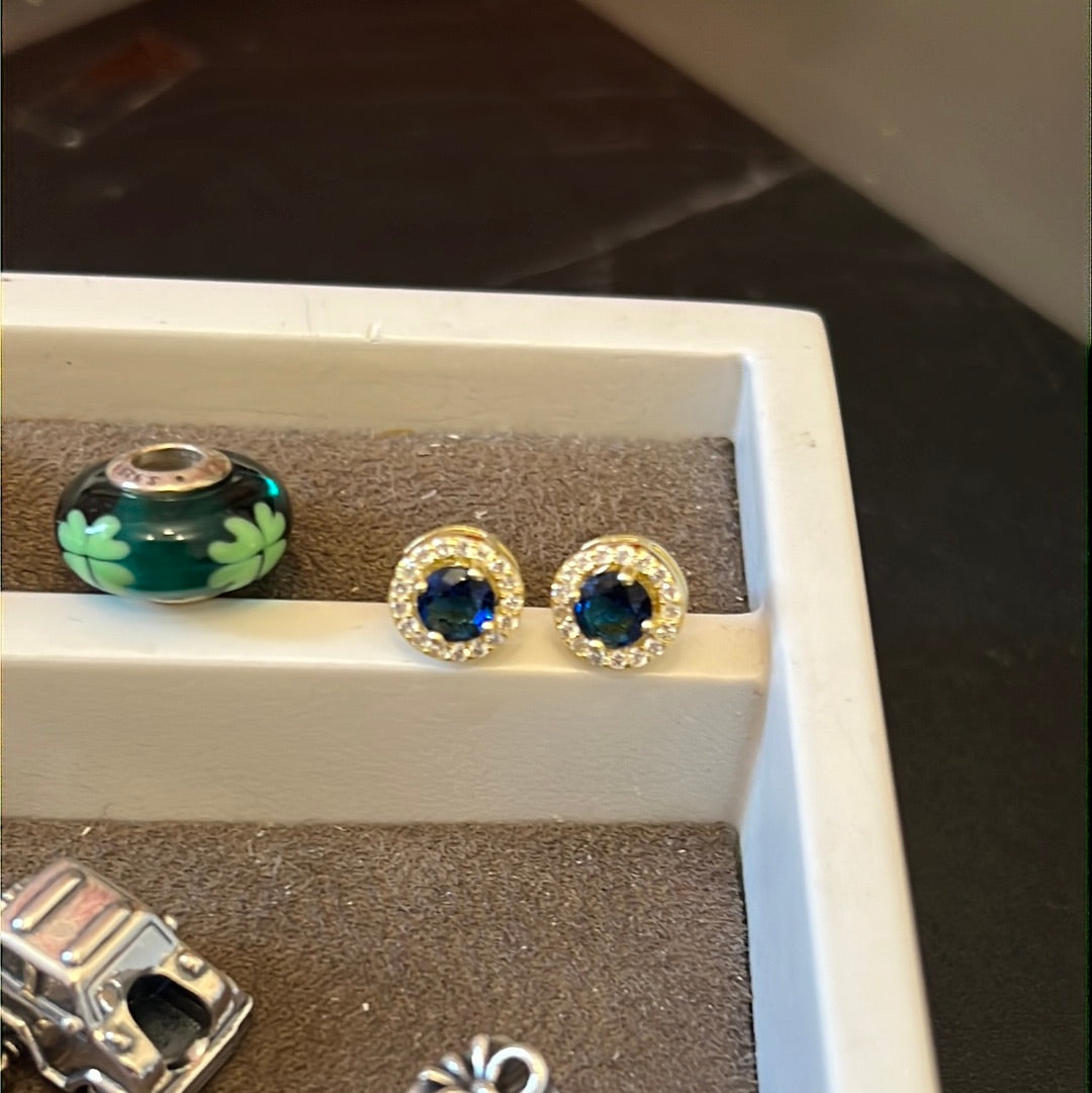 Unbranded Gold Plated 18kt Sterling Silver Pave Circle Blue Pave Earrings Small Stud Earrings
