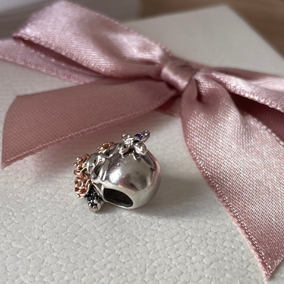 Sterling Silver Skull Charm With Pave Butterfly and Rose Gold Flowers