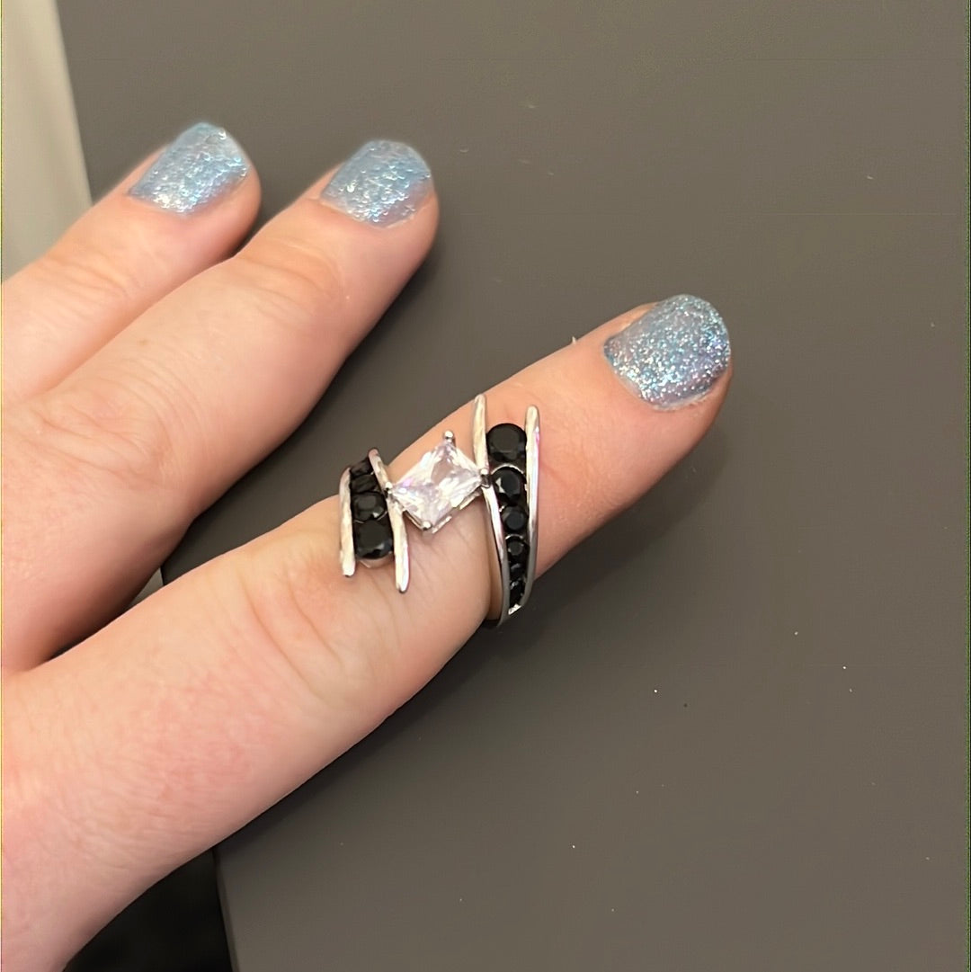Sterling Silver Pave and CZ Black and Clear Crossover Ring Size..