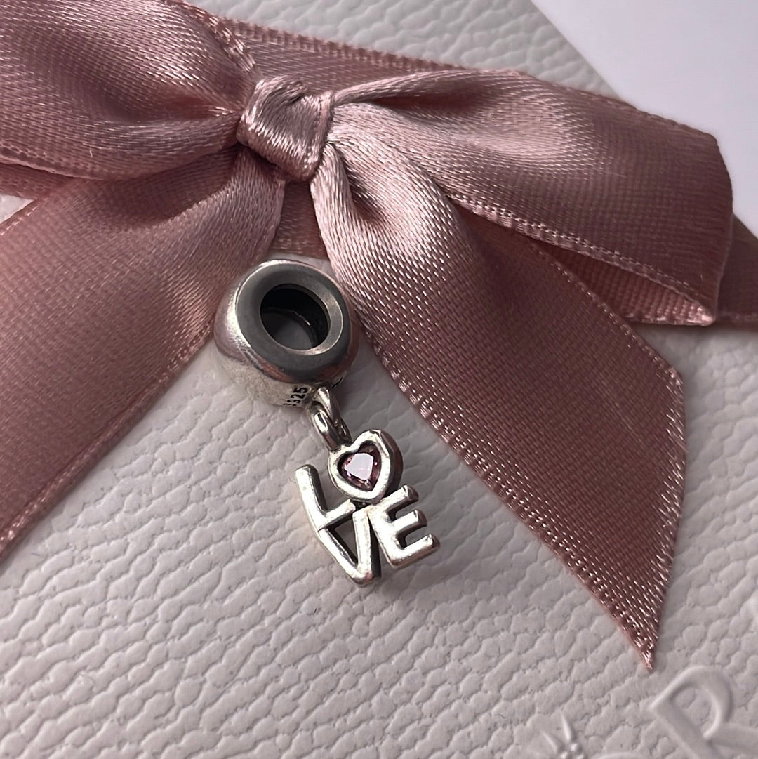 Genuine Pandora Love Word Dangle Pave Charm With Pink CZ