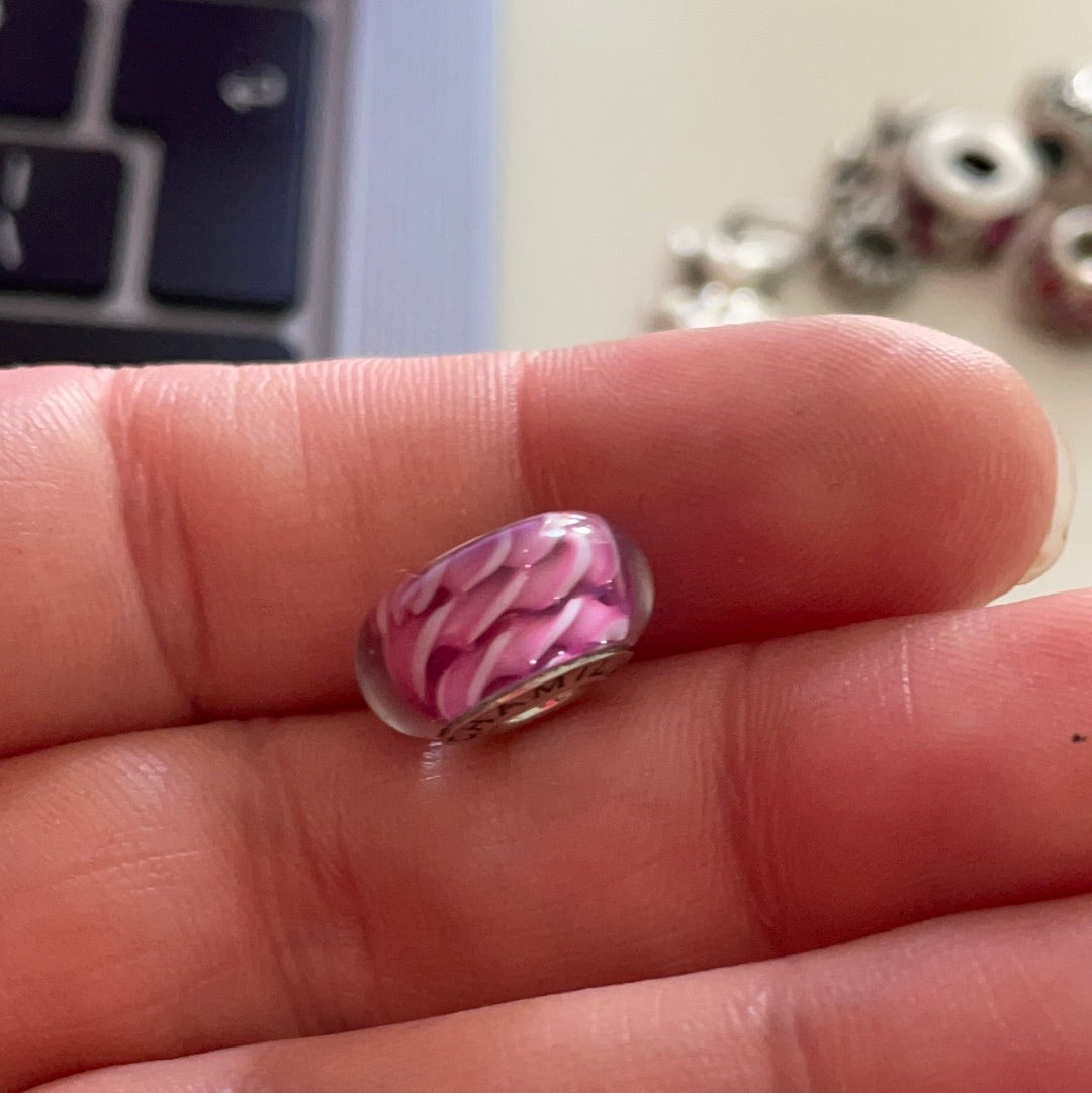 Genuine Chamilia Pink and White Knot Rope Pattern Murano Charm