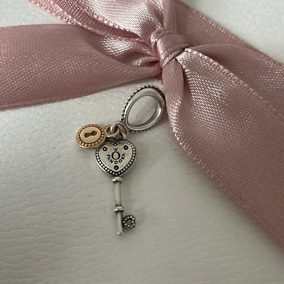 Genuine Pandora Two Tone Lock and Heart Key Dangle Charm Pendant