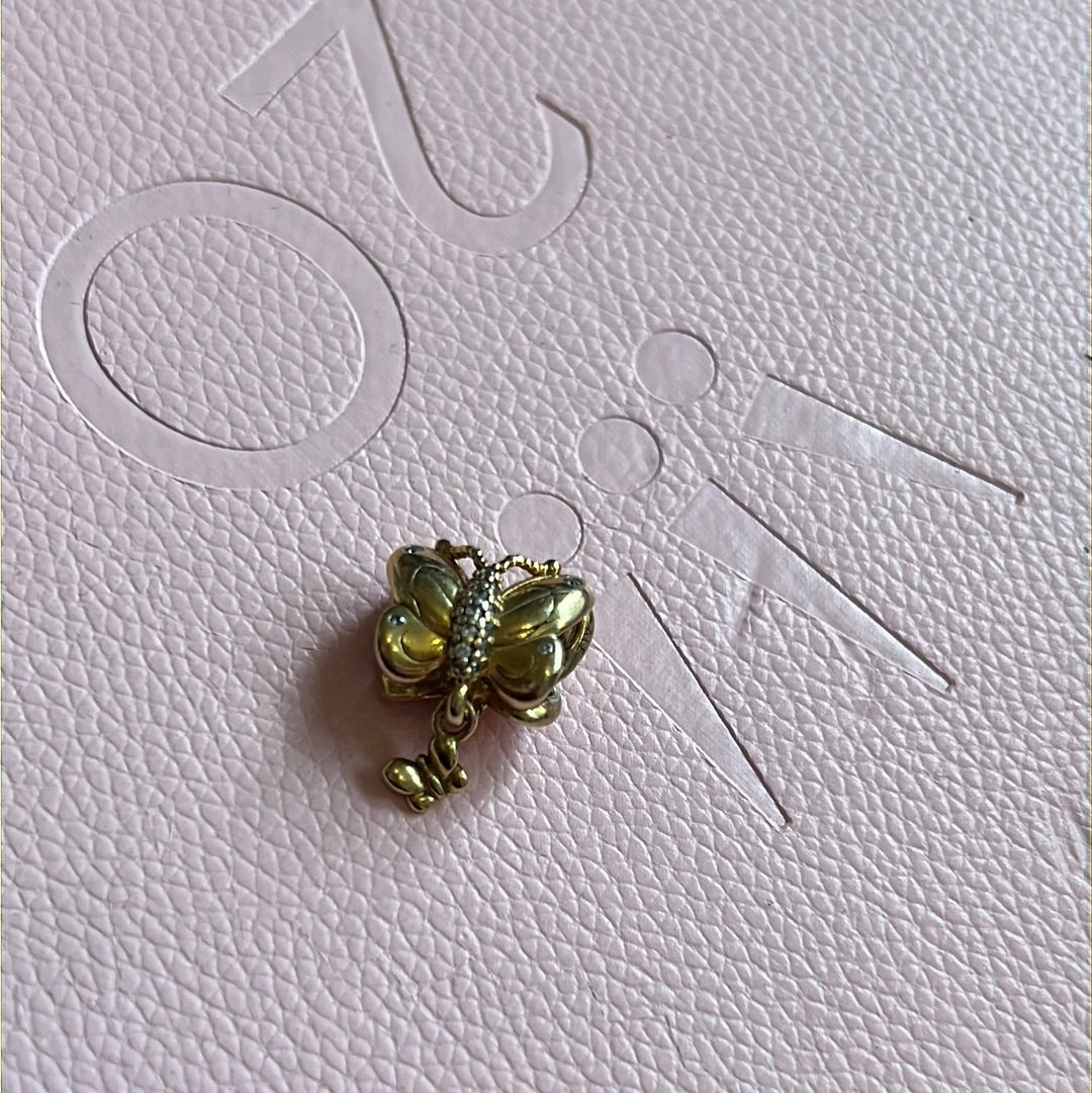 Genuine Pandora Shine Gold Butterfly Sparkle Pave Dangle Charm With Baby Butterfly
