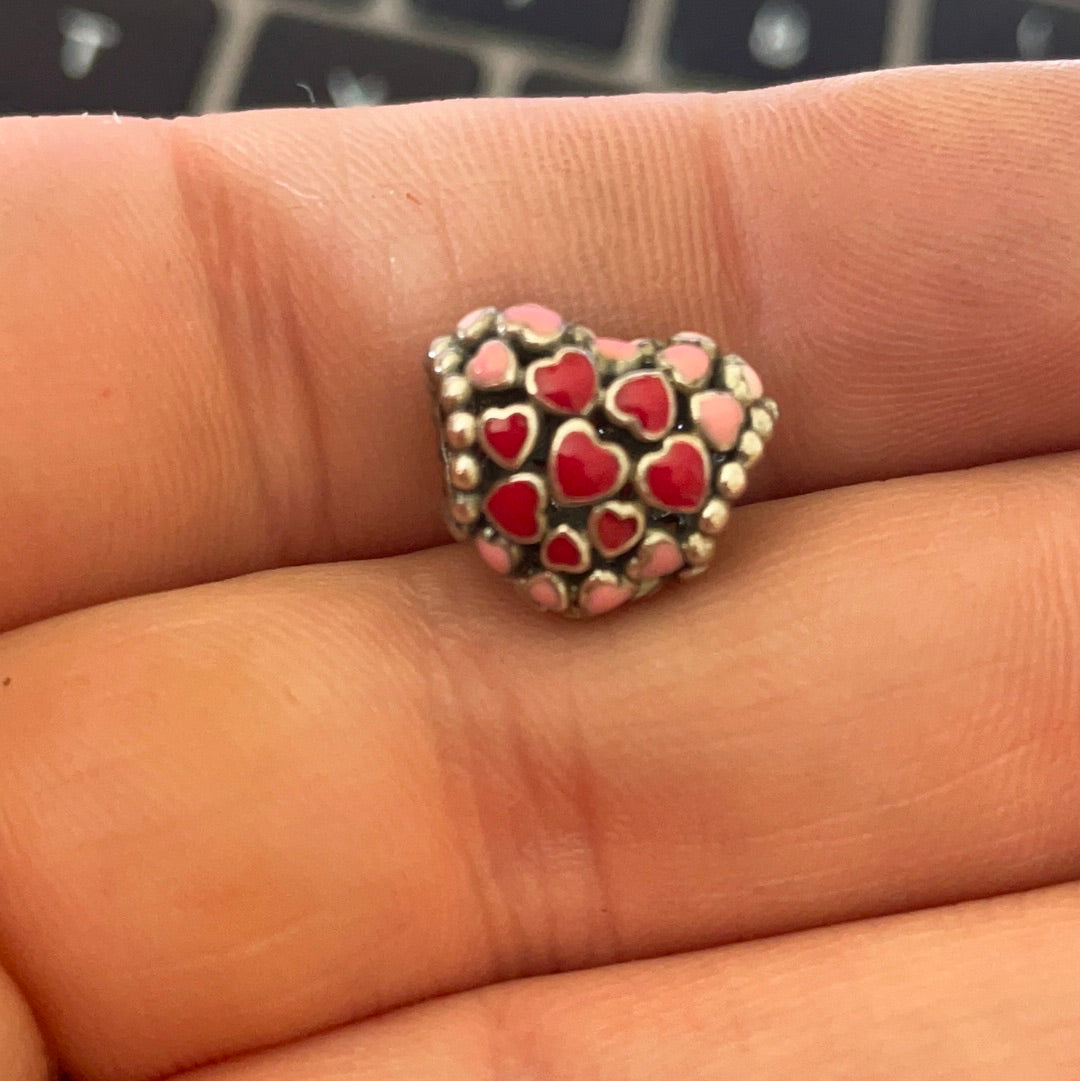 Genuine Pandora Light Pink and Red Enamel Hearts on an Openwork Heart Charm
