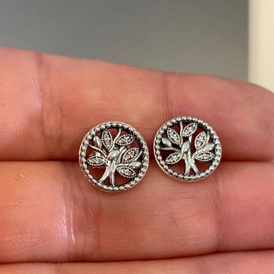 Genuine Pandora Silver Family Tree Pave Shaped Earrings Studs