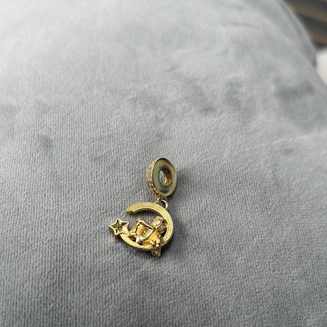 Sterling Silver Shine Gold Moon and Angel CZDangle Charm